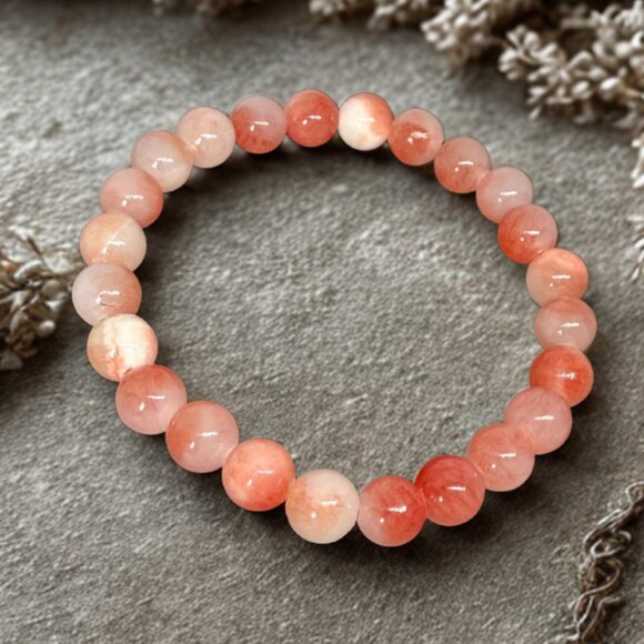 Strawberry Pink Agate Stone Beaded Bracelet 8MM Stretchy Handmade Jewelry - Picture 4 of 12
